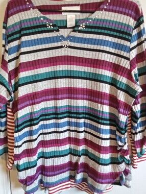 #6039 Women's Striped V-Neck Long-Sleeve Top - Multicolor - XL